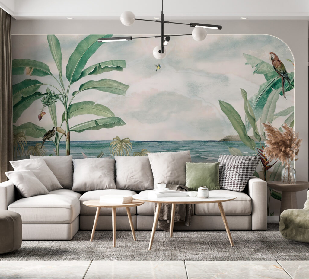 A painting of a beach with plants and a bird flying