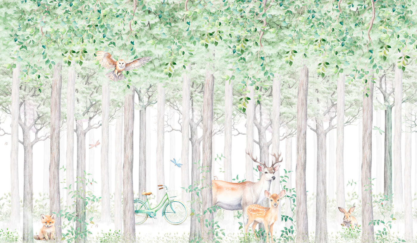 A painting of animals in a forest