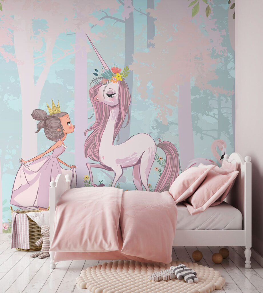 A cartoon of a girl and a unicorn in a forest A cartoon of a girl and a unicorn in a forest