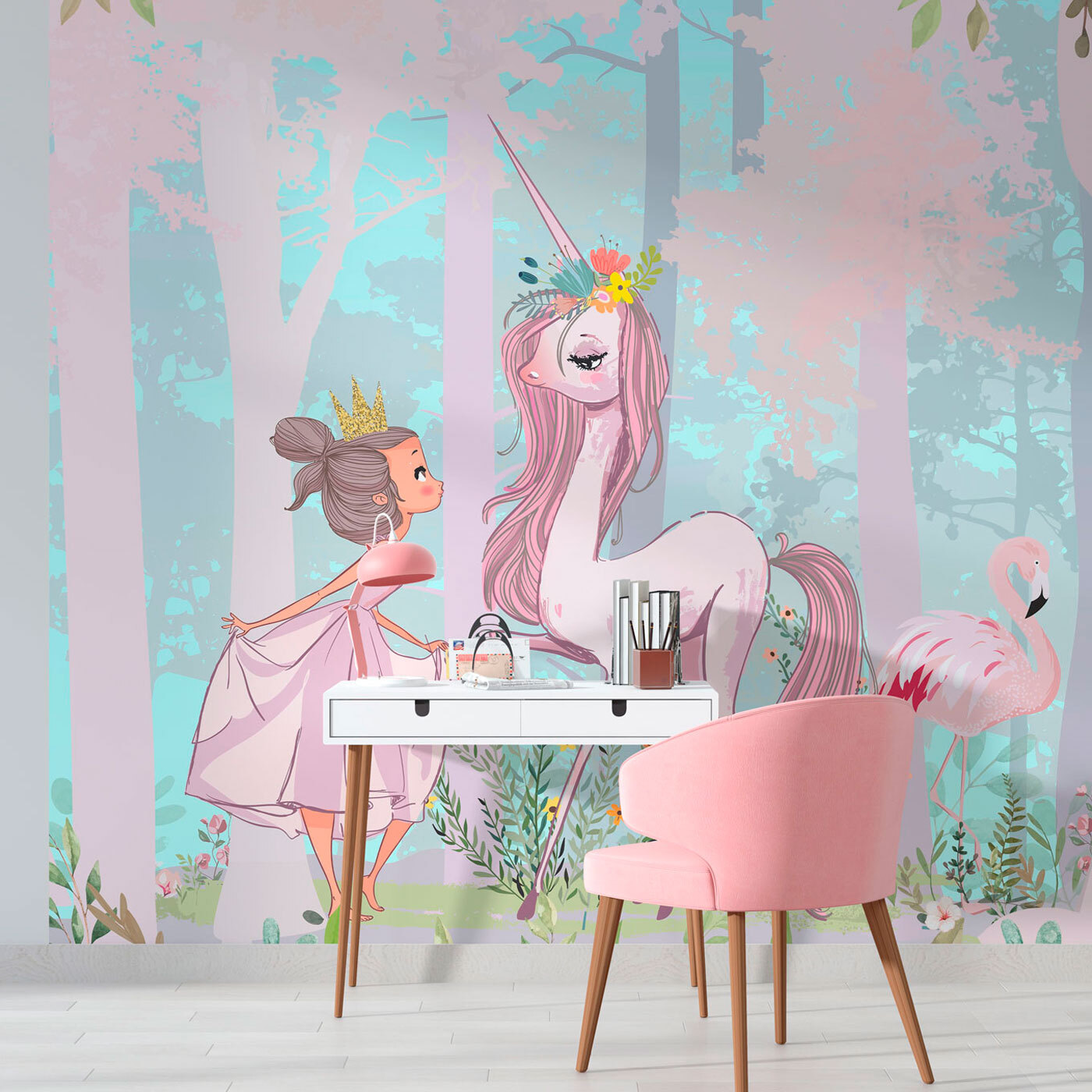 A cartoon of a girl and a unicorn in a forest A cartoon of a girl and a unicorn in a forest