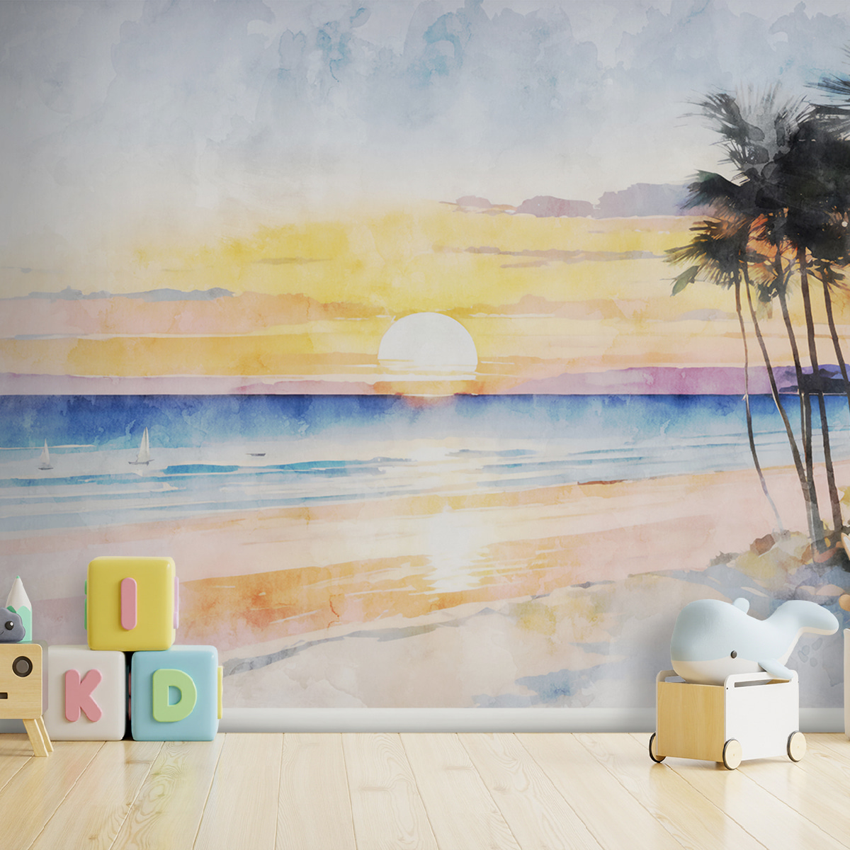 Watercolor of a beach with palm trees and a sunset Watercolor of a beach with palm trees and a sunset