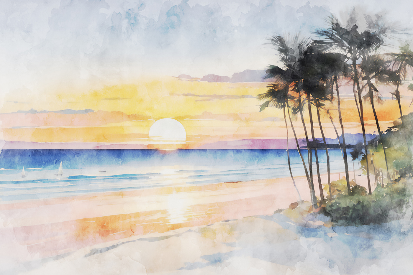 Watercolor of a beach with palm trees and a sunset Watercolor of a beach with palm trees and a sunset
