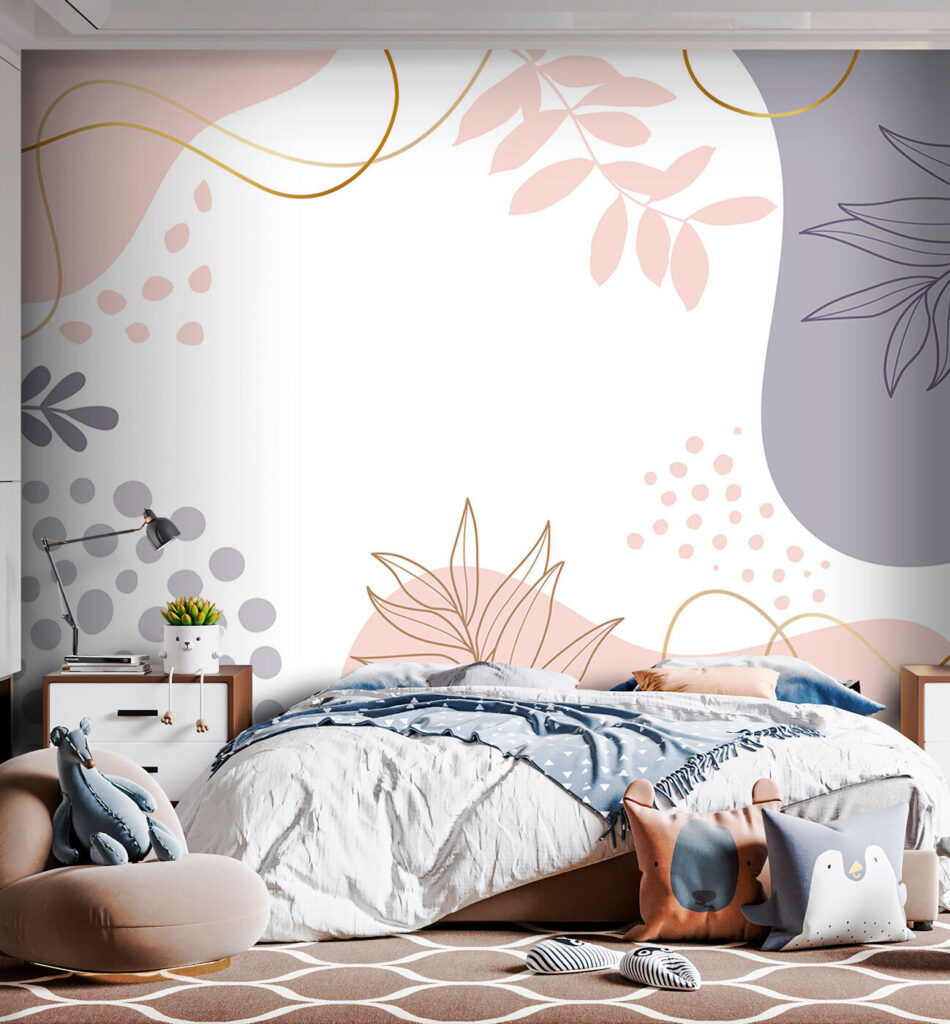 White background with pink and blue and purple shapes and leaves White background with pink and blue and purple shapes and leaves