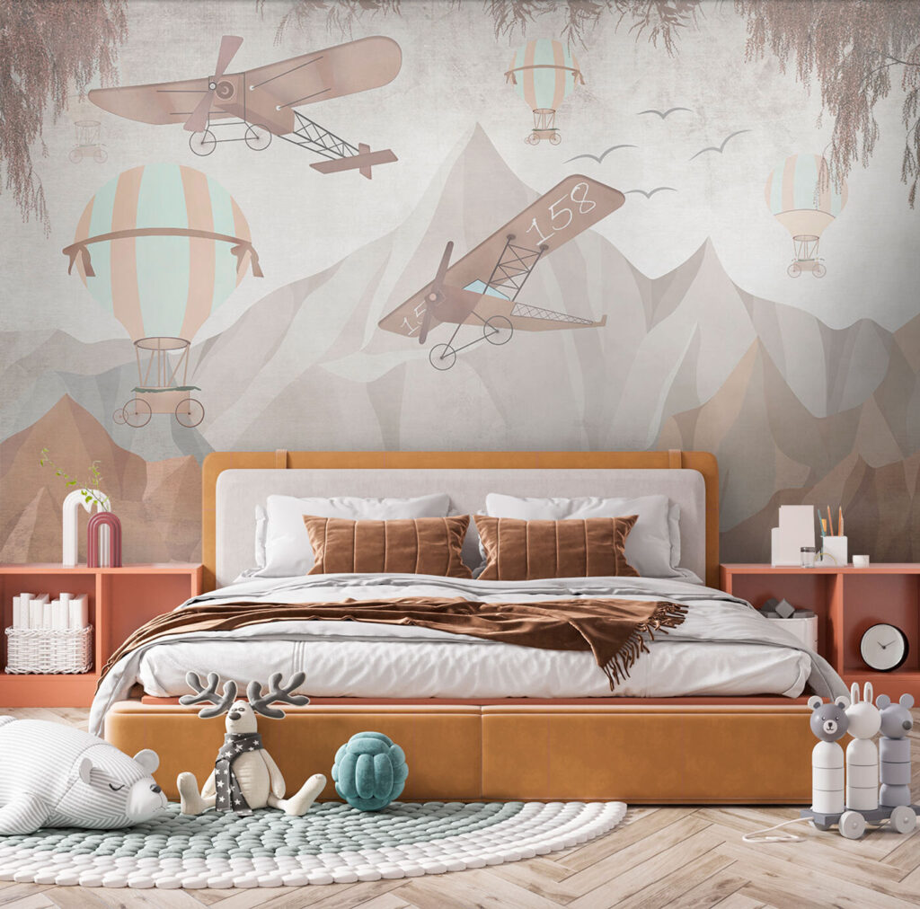 Painting of airplanes flying over mountains Painting of airplanes flying over mountains