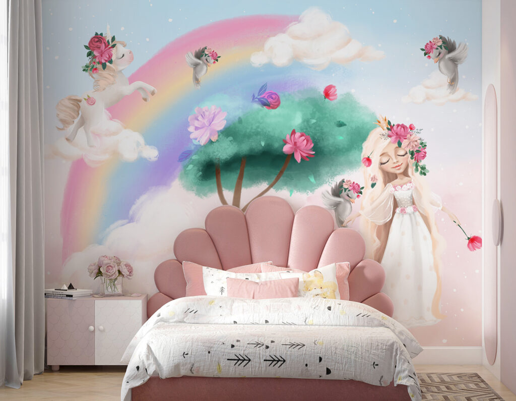 Cartoon of a girl with flowers on her hair and a rainbow Cartoon of a girl with flowers on her hair and a rainbow