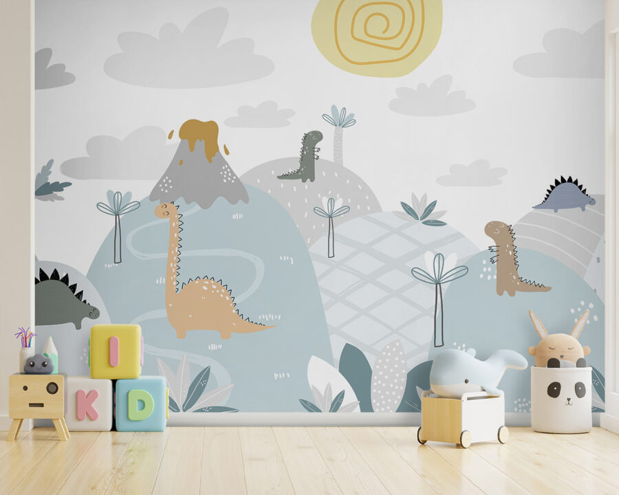 Rajzfilm dinoszauruszok egy dombon