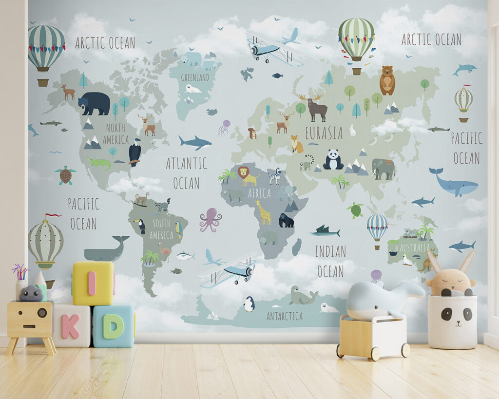 Map of the world with animals and birds Map of the world with animals and birds