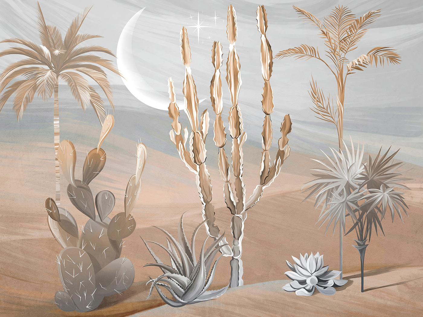 Desert landscape with cactus and palm trees Desert landscape with cactus and palm trees