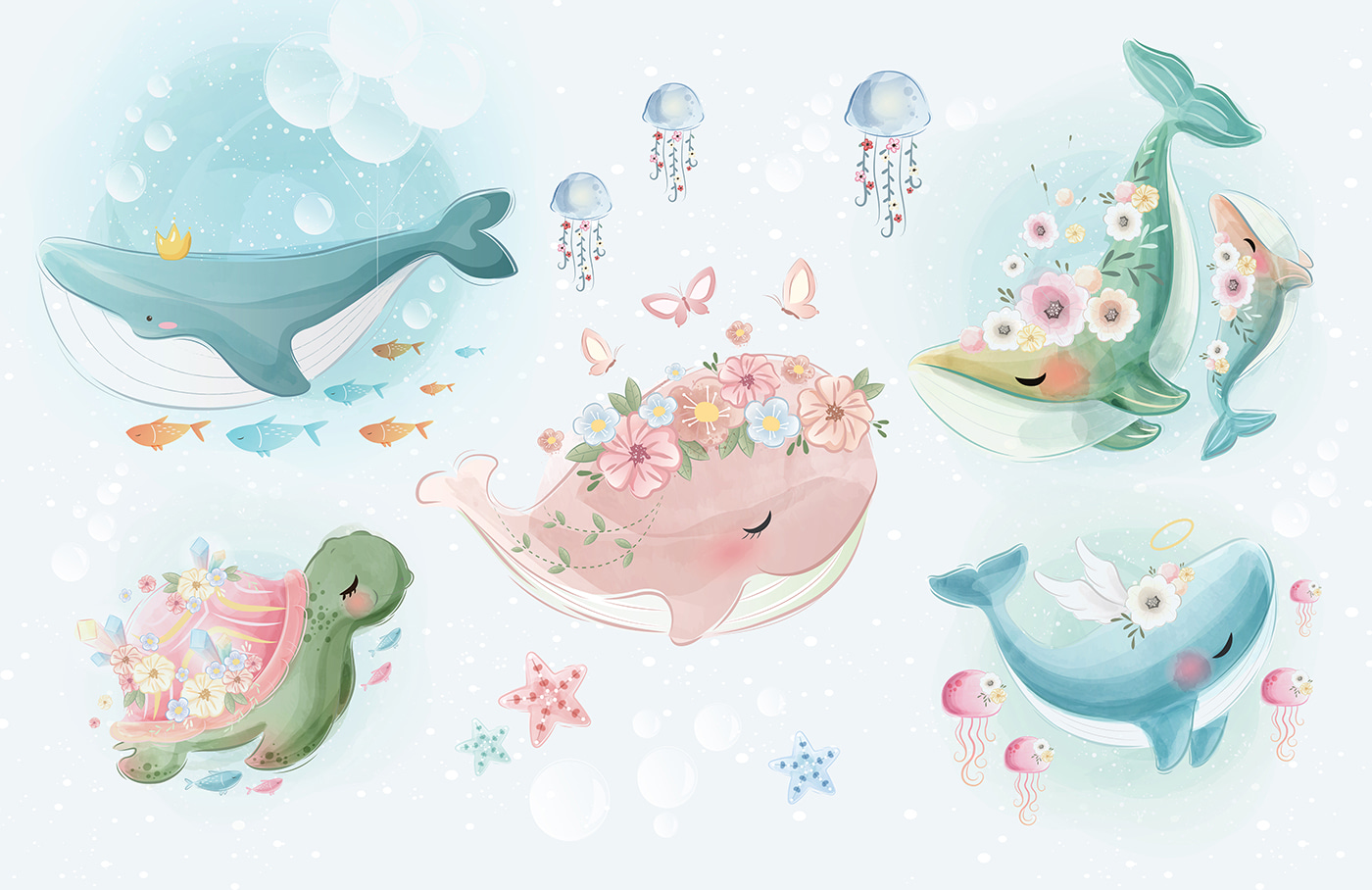 Group of cartoon whales