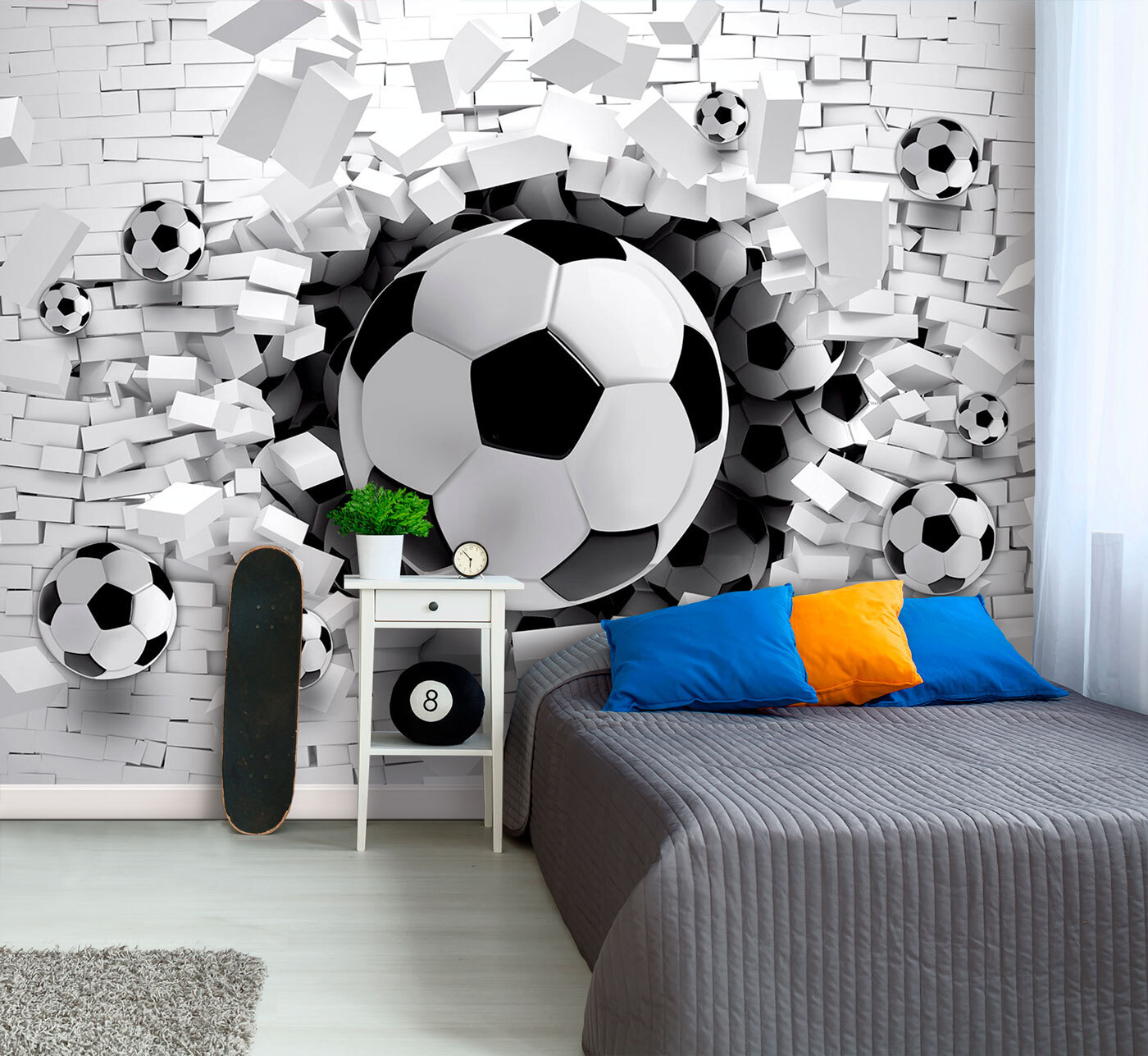 Football ball breaking through a brick wall Football ball breaking through a brick wall