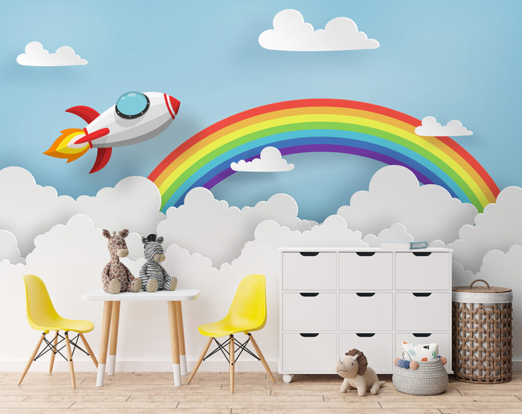 Rocket flying in the sky with clouds and rainbow