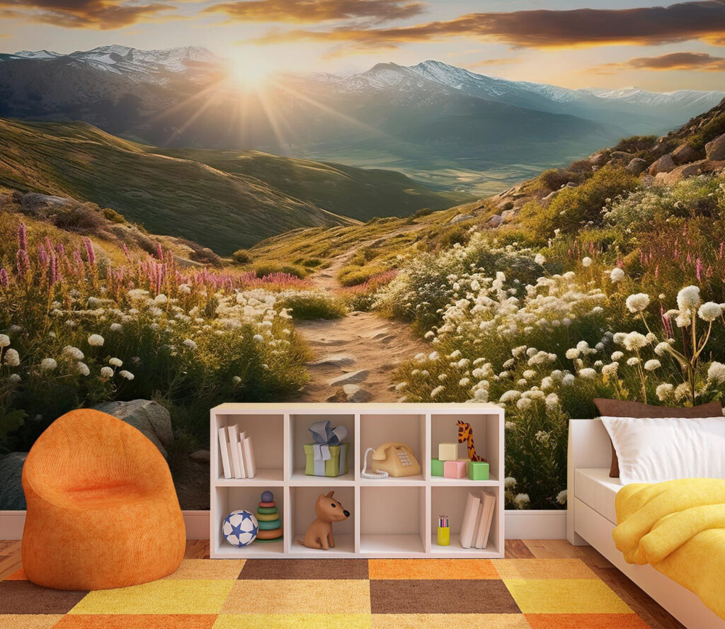 Path through a valley with flowers and mountains in the background
