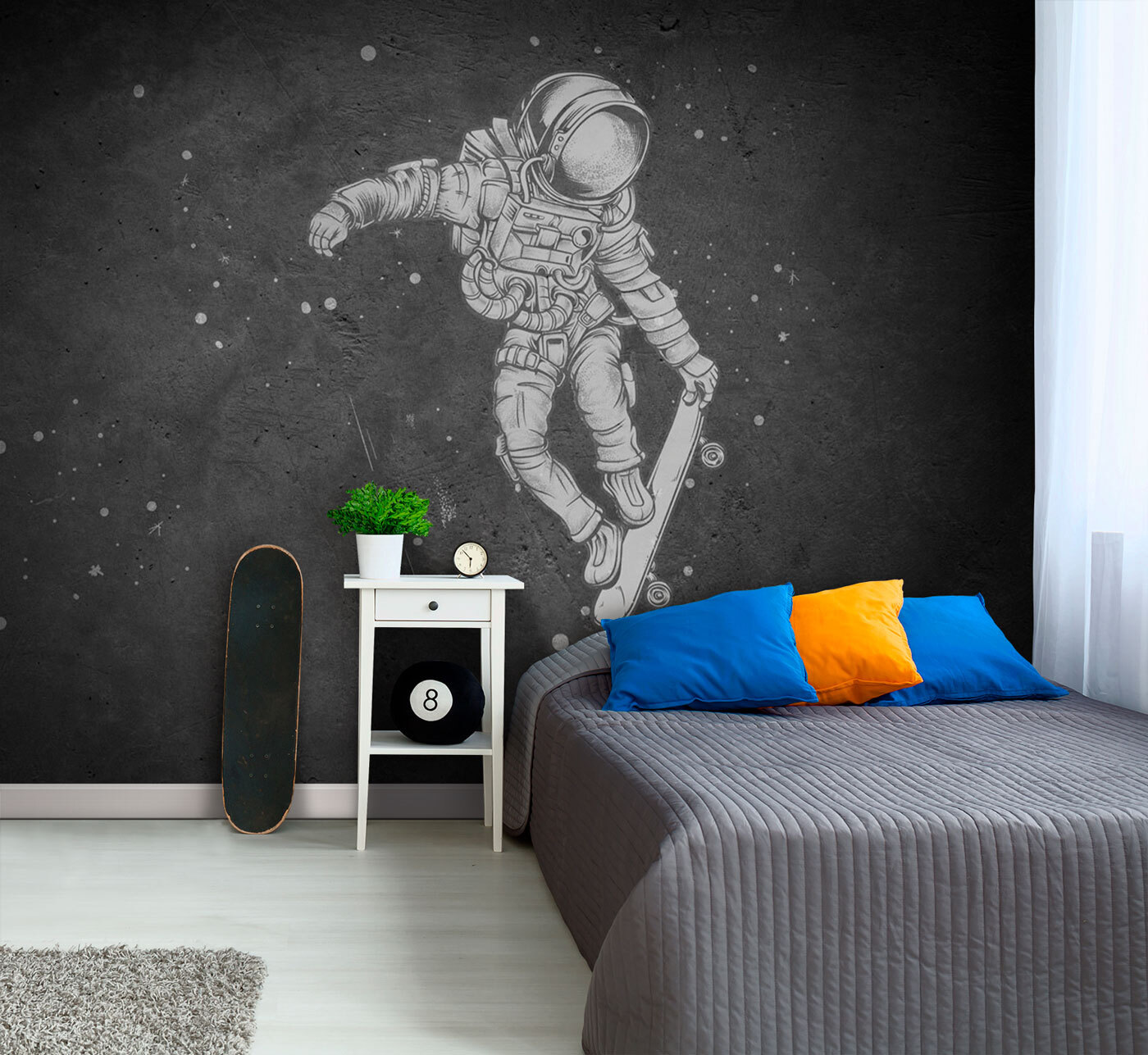 Drawing of an astronaut on a skateboard Drawing of an astronaut on a skateboard
