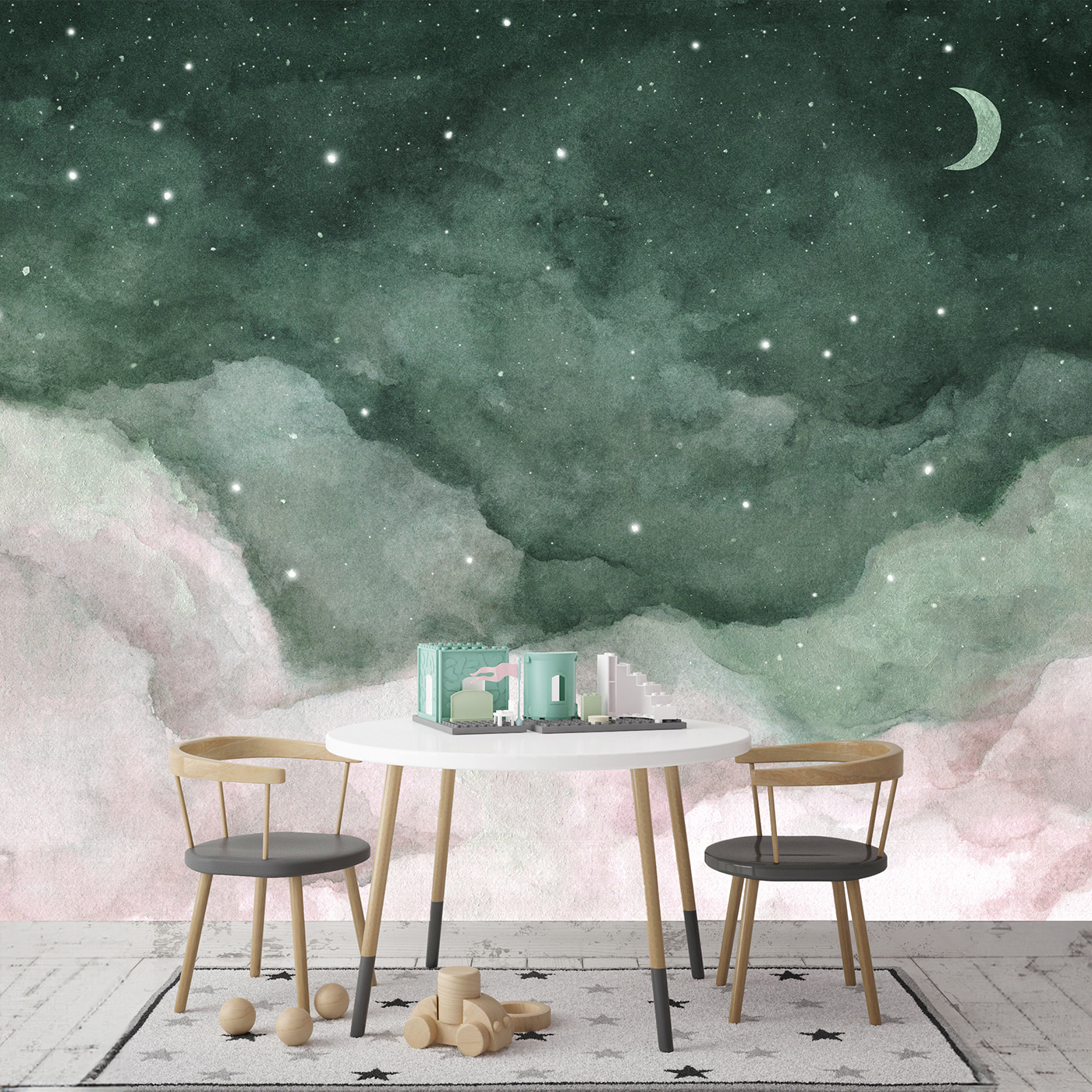 A moon and clouds in the night sky