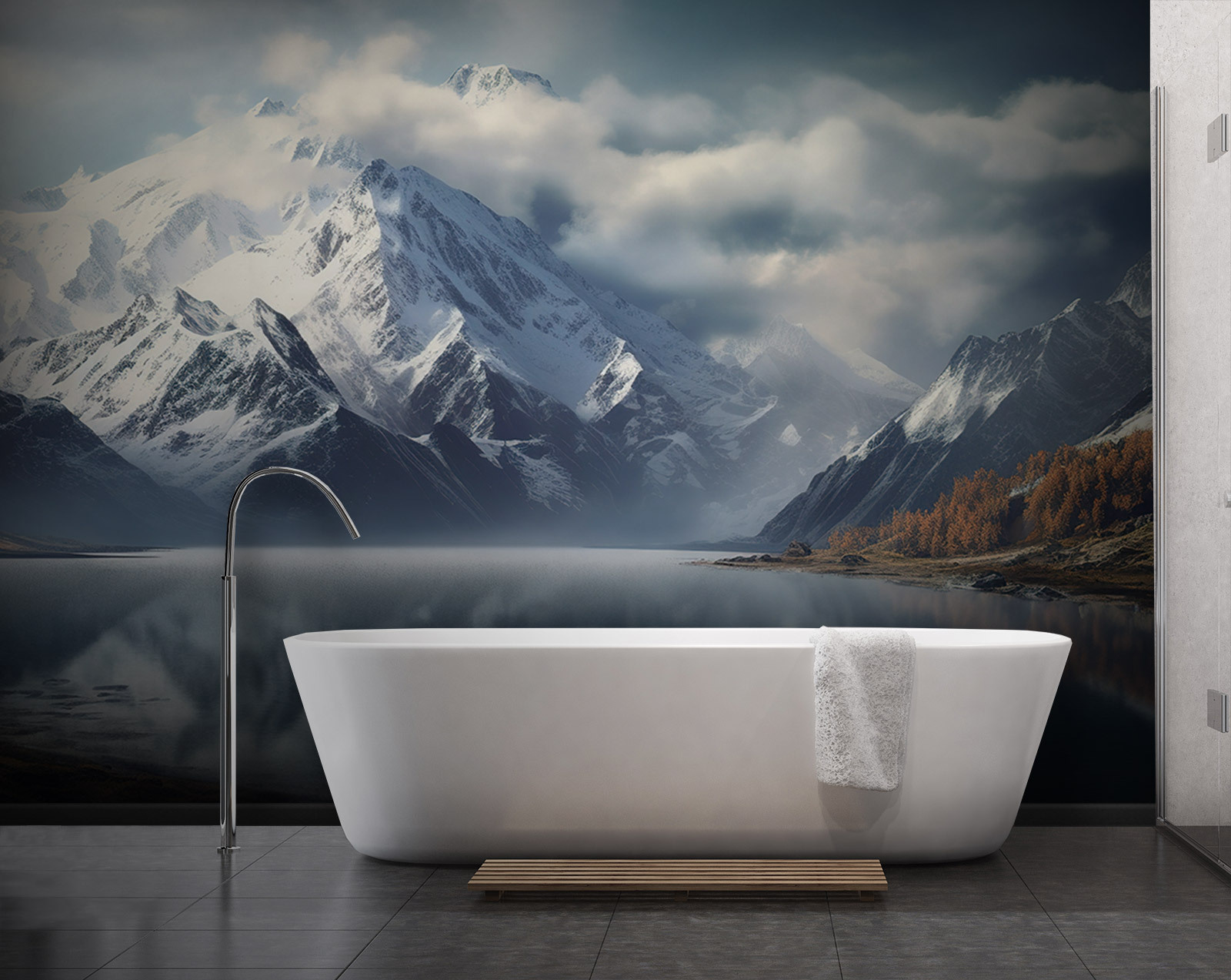 Lake with snow covered mountains and clouds Lake with snow covered mountains and clouds