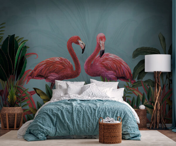 Két rózsaszín flamingó és zöld levelek Két rózsaszín flamingó és zöld levelek