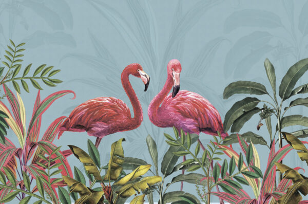 Két rózsaszín flamingó és zöld levelek Két rózsaszín flamingó és zöld levelek