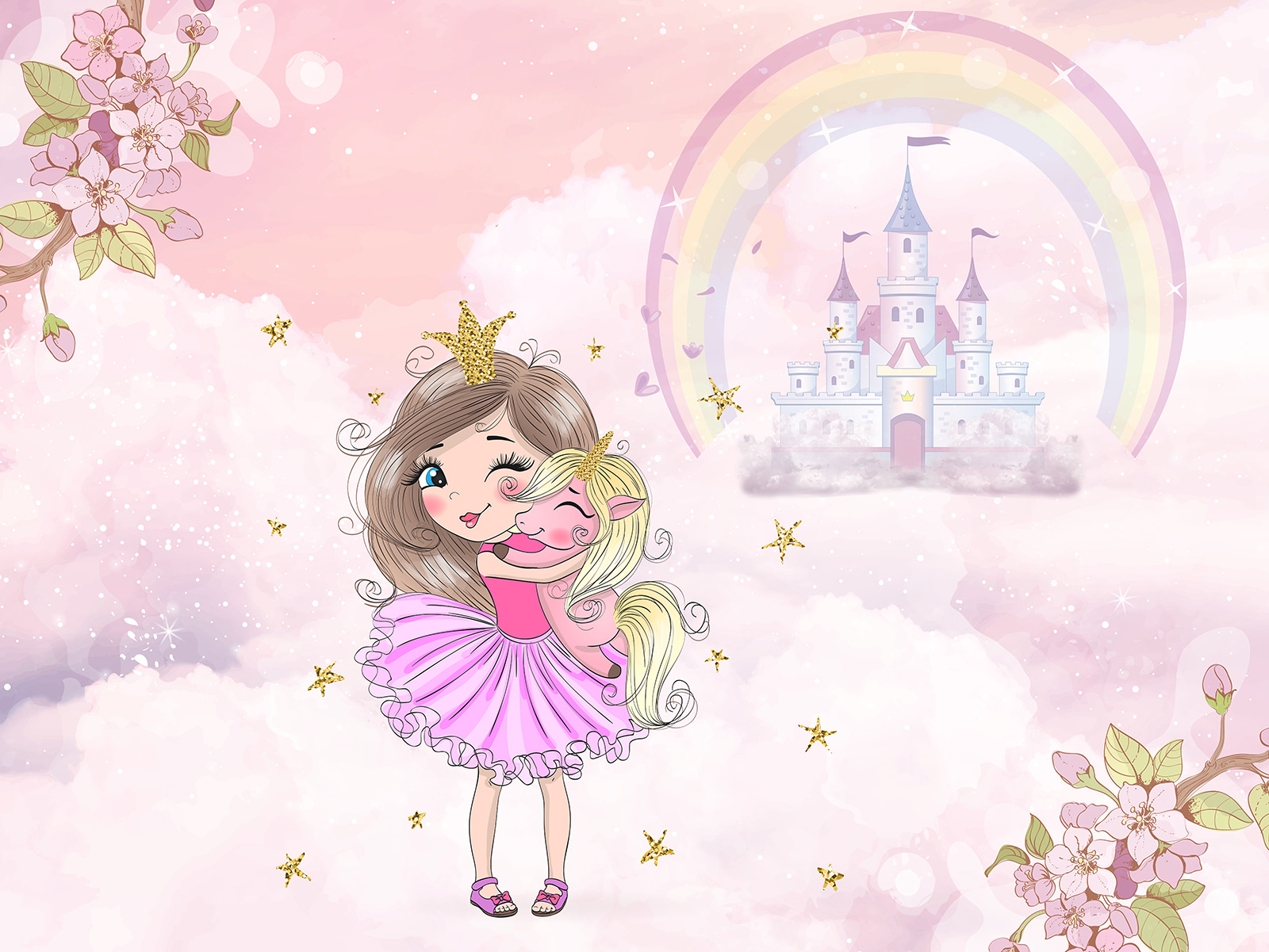 Cartoon of a girl hugging a little girl in a pink dress Cartoon of a girl hugging a little girl in a pink dress