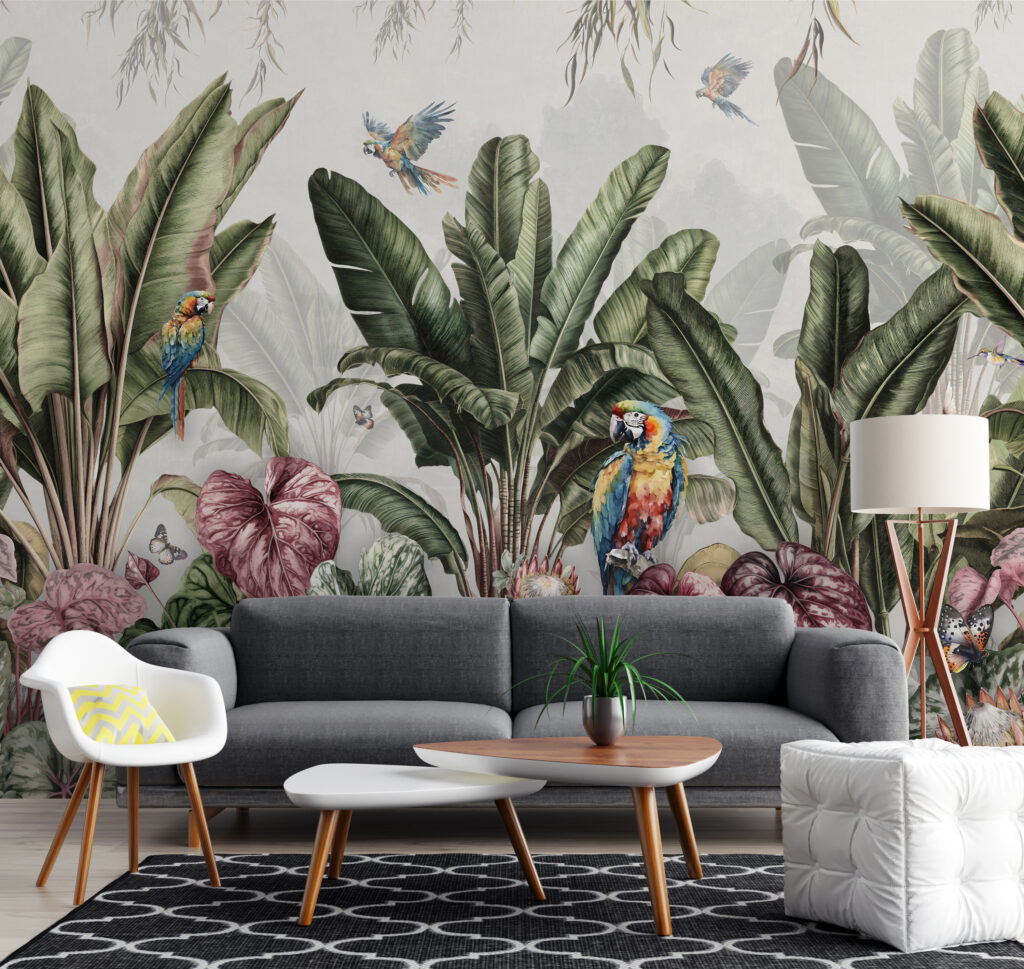 Wallpaper with tropical plants and birds