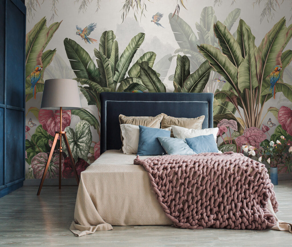 Wallpaper with tropical plants and birds