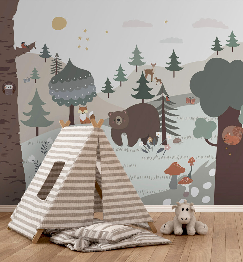 Cartoon of a bear and rabbit in a forest Cartoon of a bear and rabbit in a forest