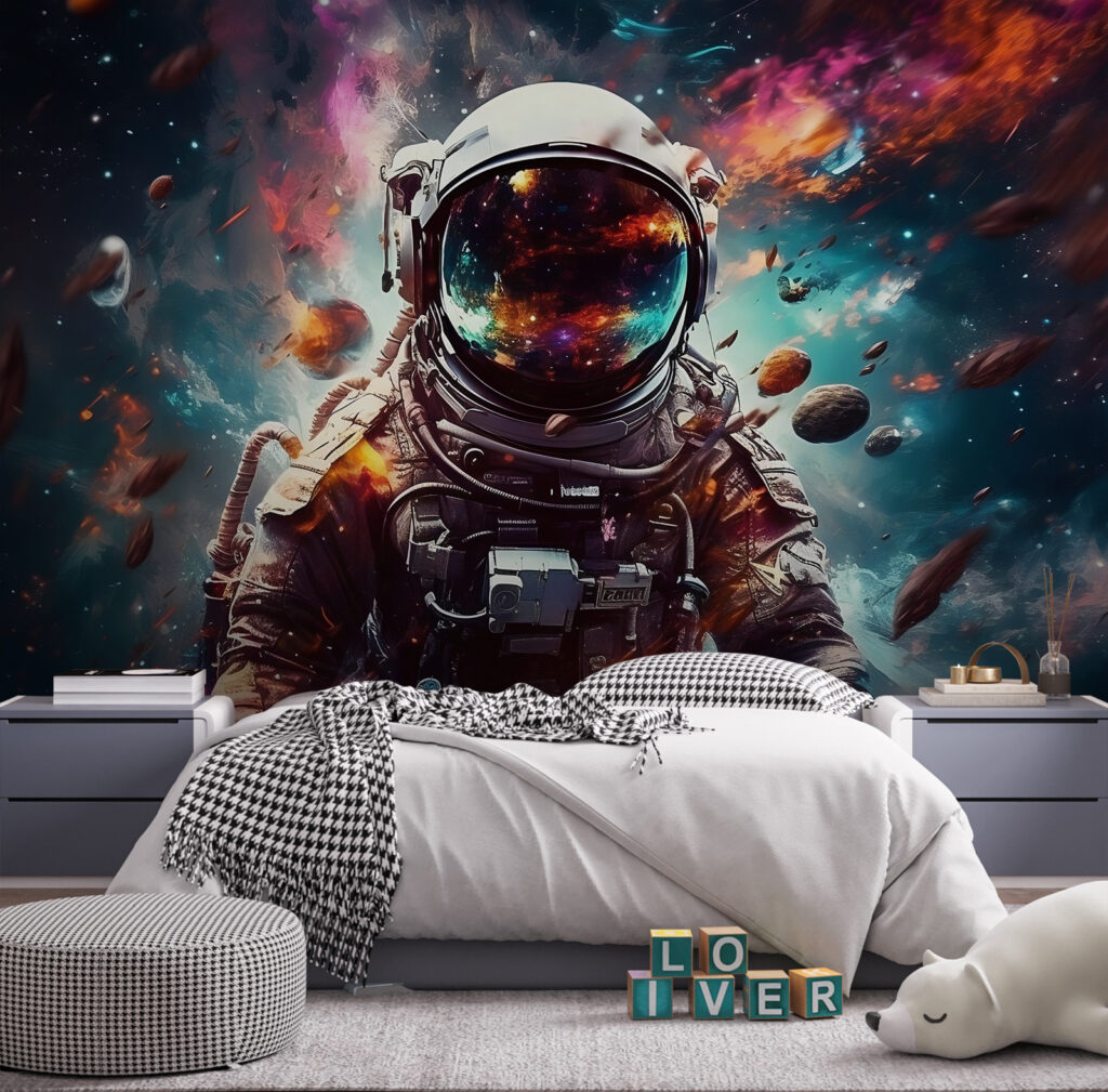 An astronaut in space with a large helmet