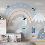 Fotótapéta Karikatúra egy útról házakkal és szivárvánnyal