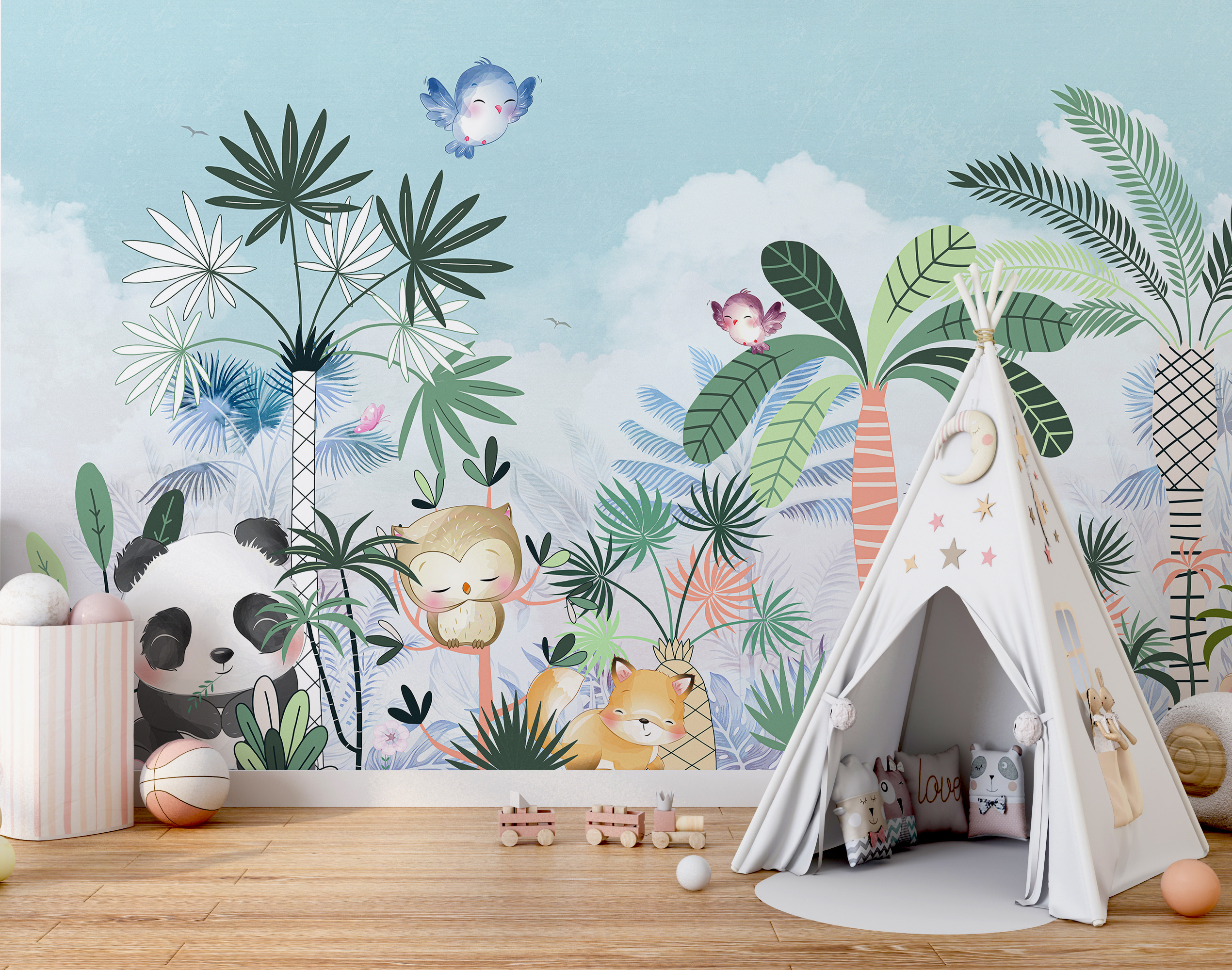 Cartoon of animals and birds in a forest