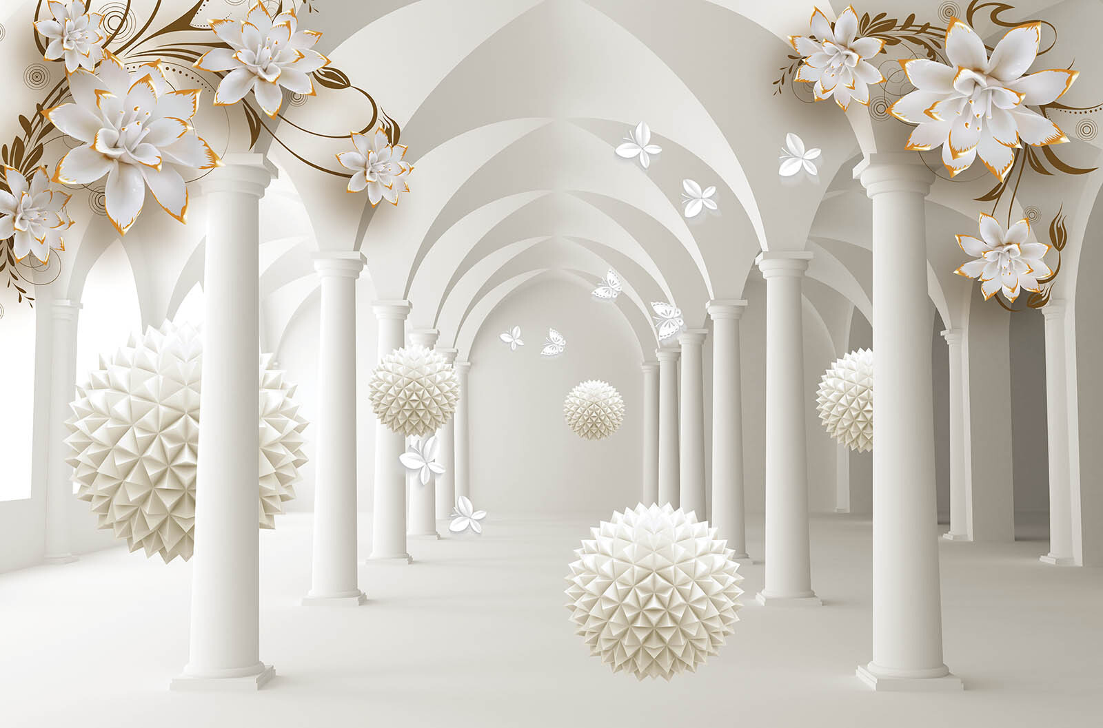 White room with white flowers and white balls White room with white flowers and white balls
