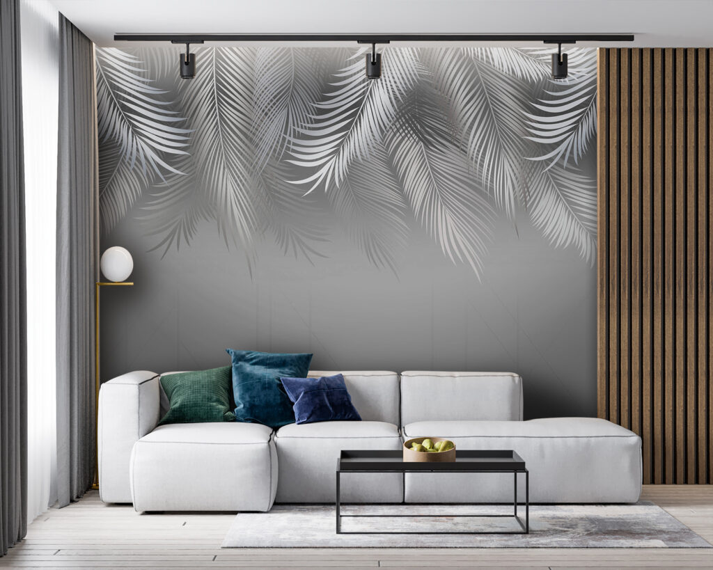 Grey and white background with leaves