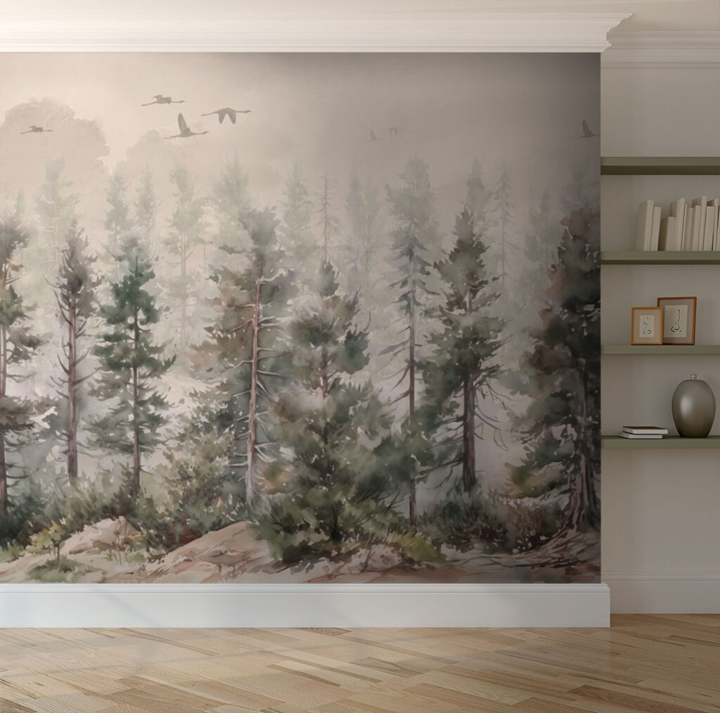 Watercolor of trees and birds flying over a foggy forest Watercolor of trees and birds flying over a foggy forest