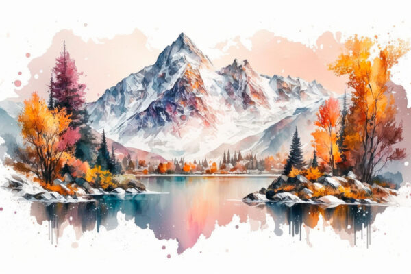 Watercolor painting of a mountain and a lake