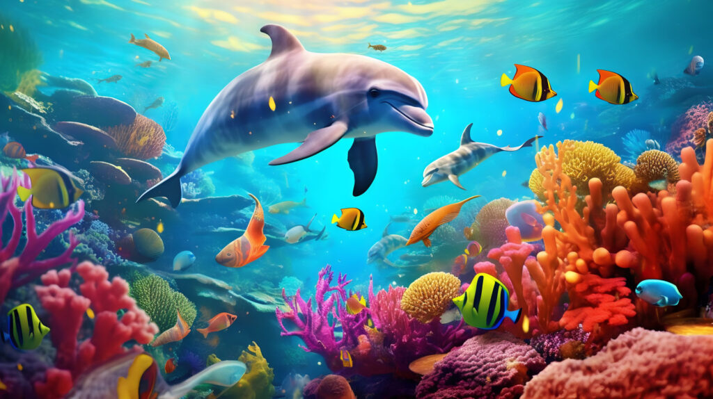 Delfin úszik egy korallzátonyban Delfin úszik egy korallzátonyban