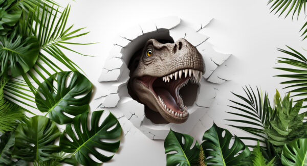 Dinoszaurusz fej jön ki a falon lévő lyukból Dinoszaurusz fej jön ki a falon lévő lyukból