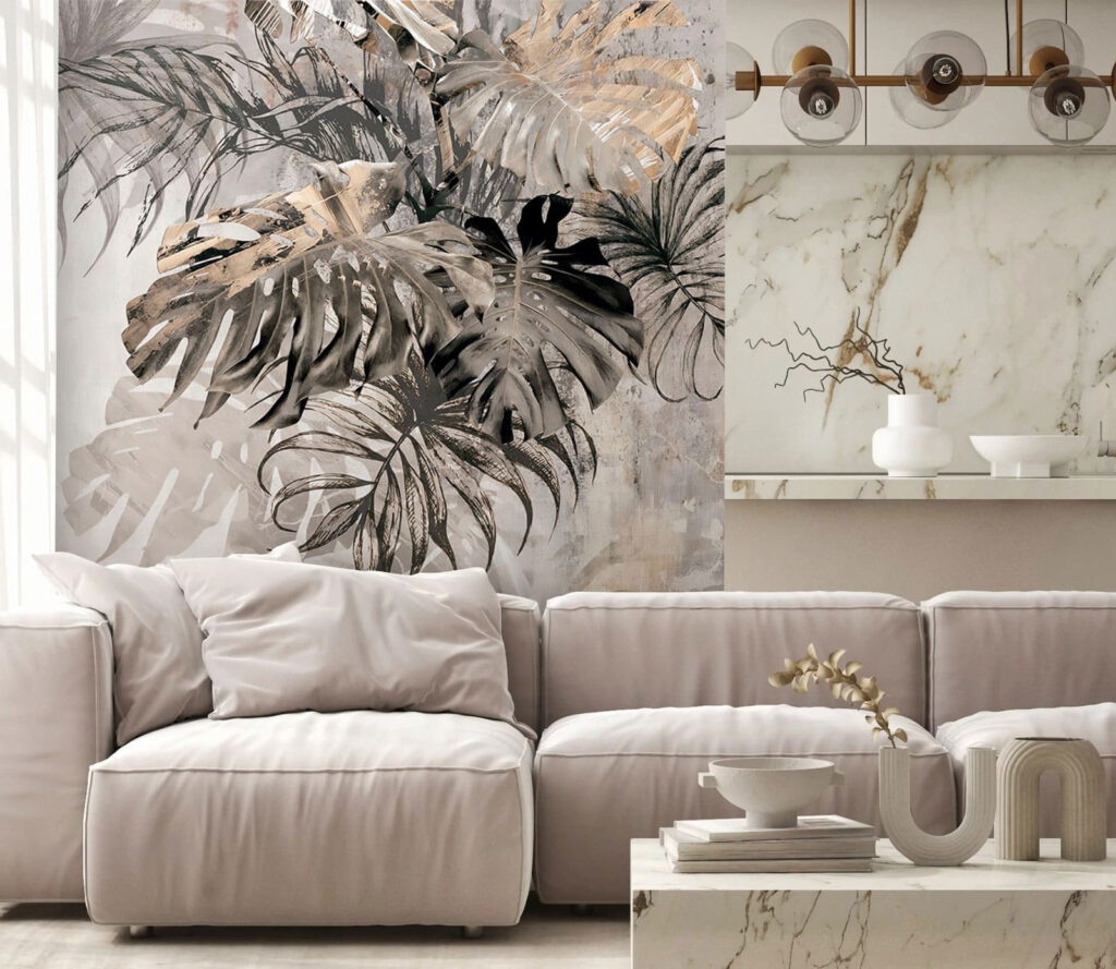 Grey and white wall with leaves Grey and white wall with leaves