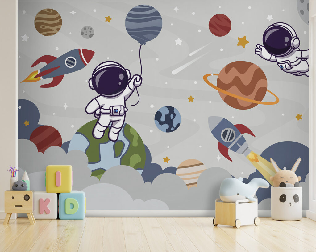 Cartoon astronaut in space with planets and rocket flying in the sky Cartoon astronaut in space with planets and rocket flying in the sky