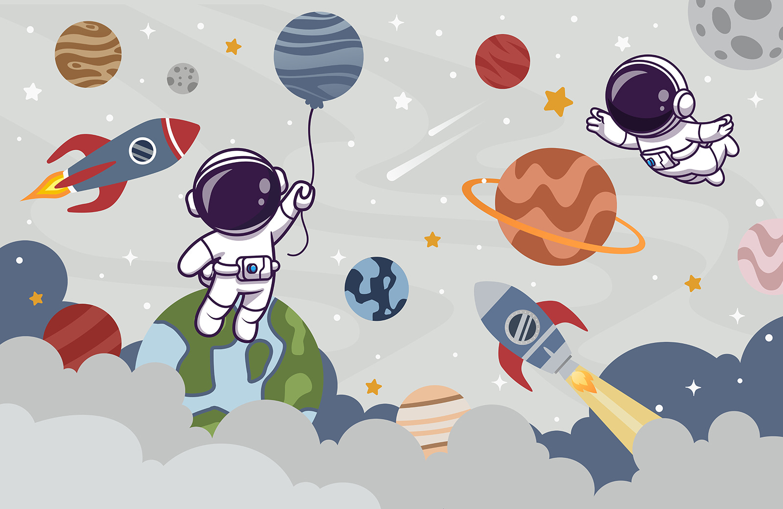 Cartoon astronaut in space with planets and rocket flying in the sky Cartoon astronaut in space with planets and rocket flying in the sky