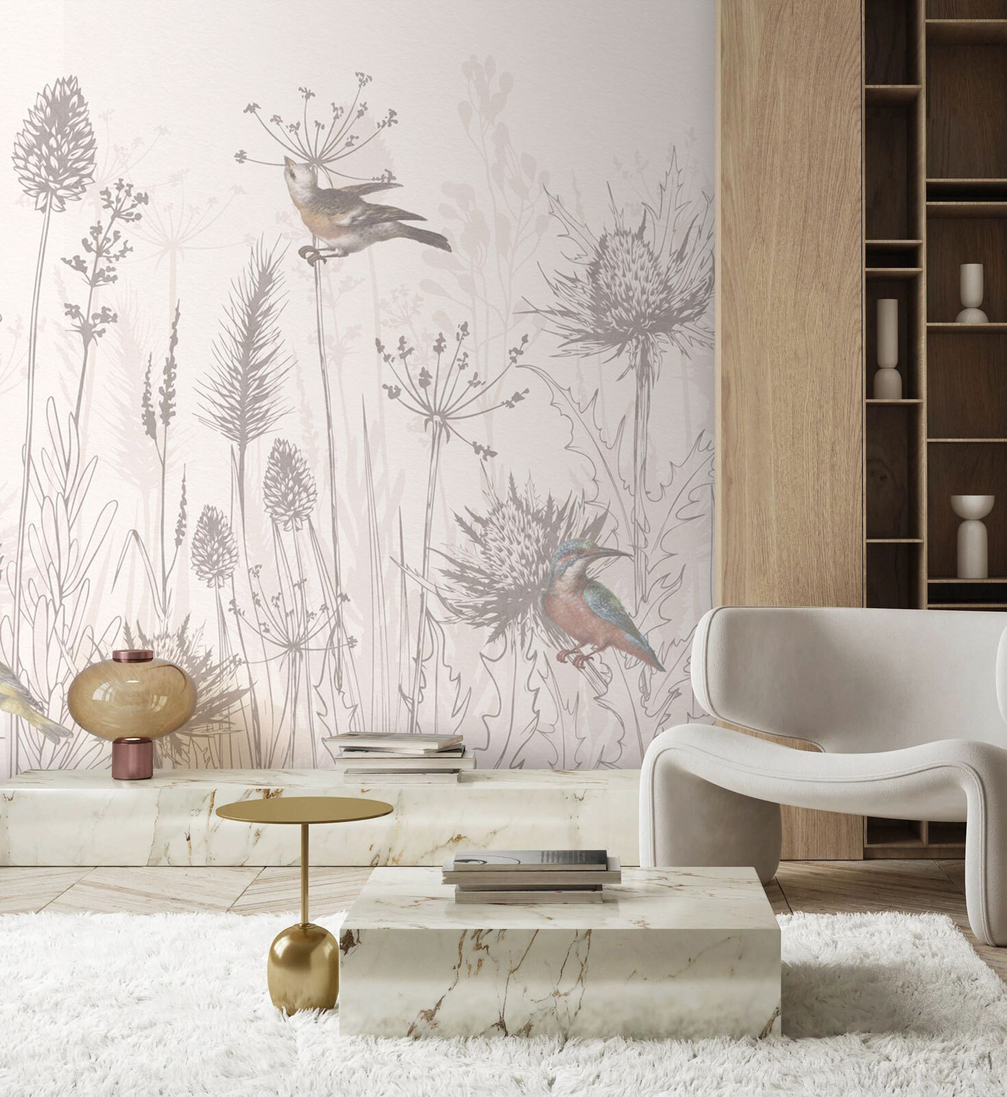 Drawing of birds and plants