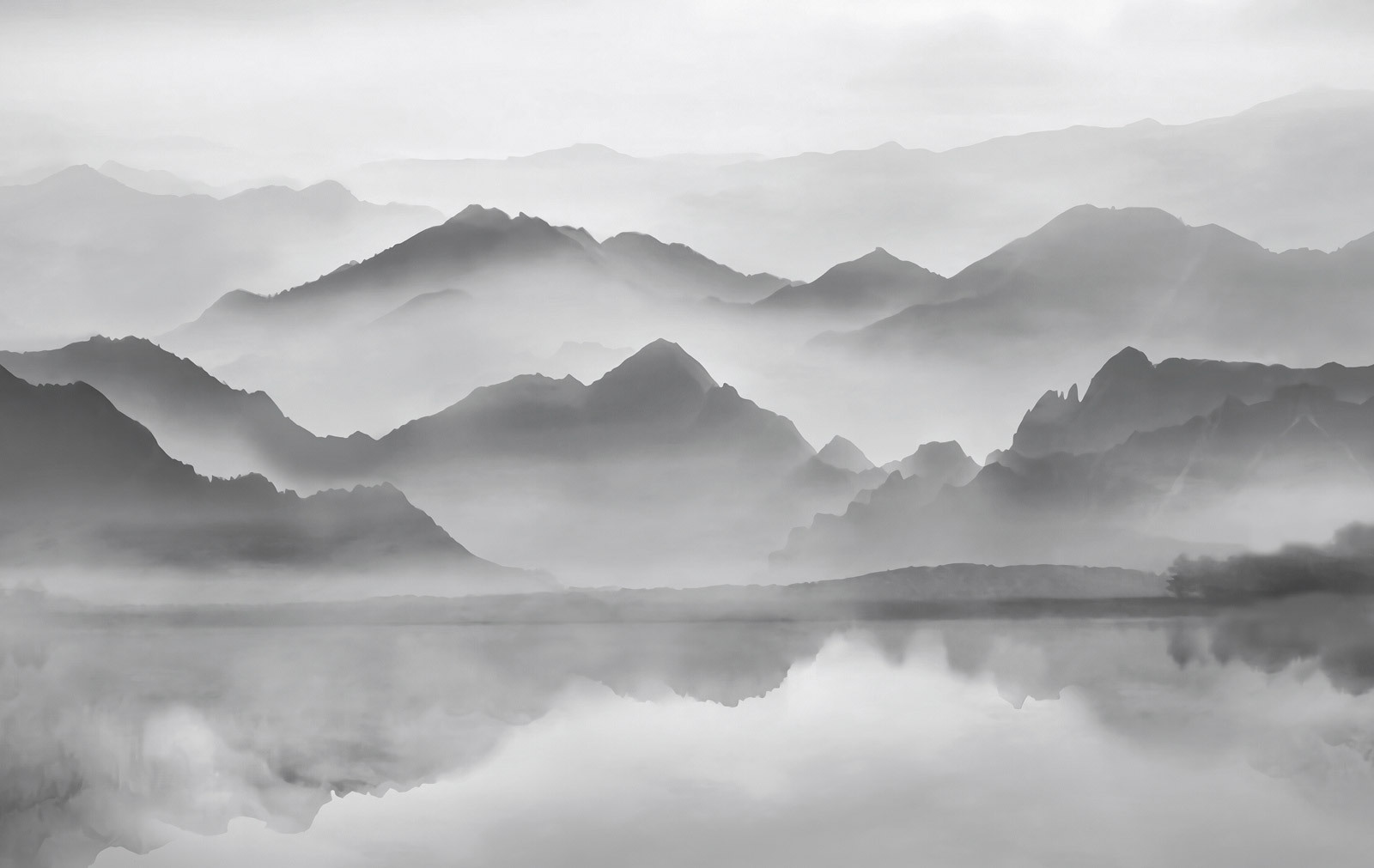 Mountain range with fog and water