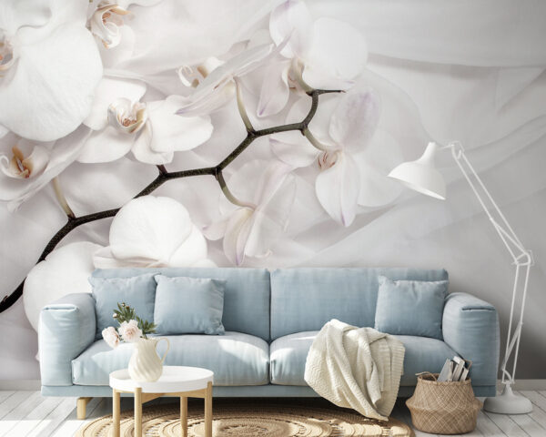 Fehér orchideák fehér szöveten Fehér orchideák fehér szöveten
