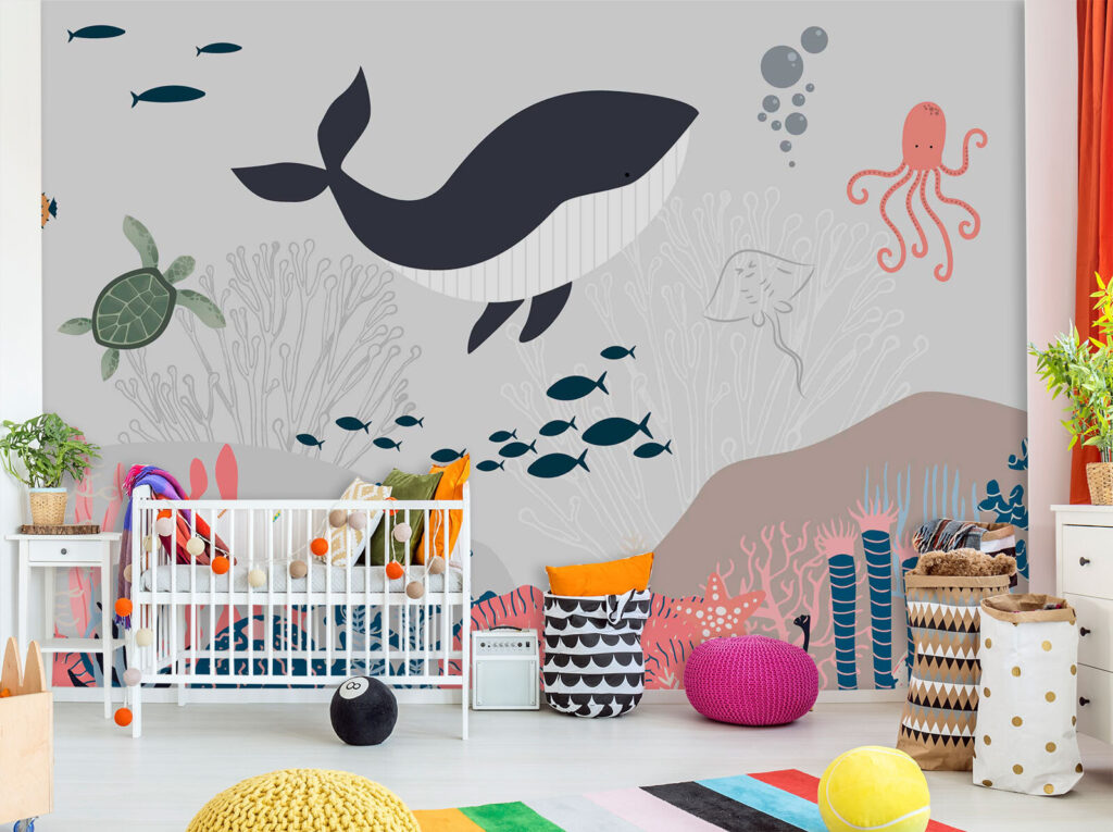 Whale and fish swimming in the ocean