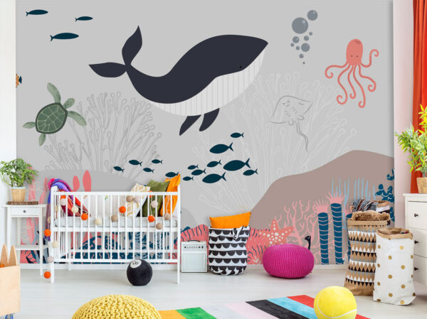 Whale and fish swimming in the ocean