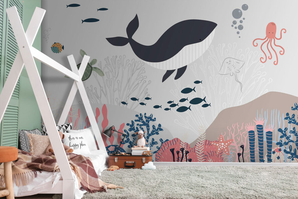 Whale and fish swimming in the ocean