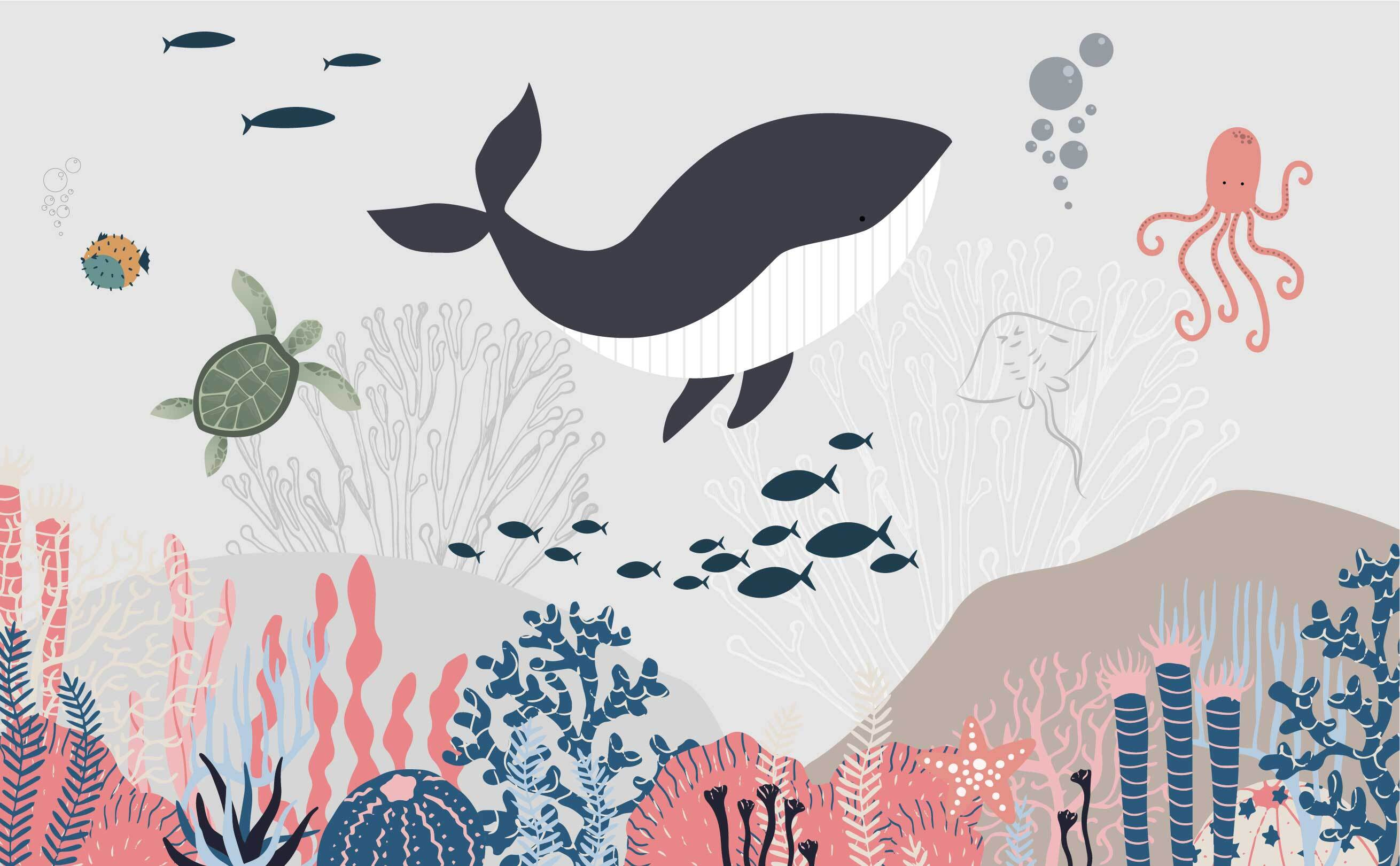 Whale and fish swimming in the ocean