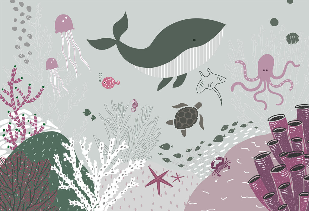A sea life with a whale and seaweed