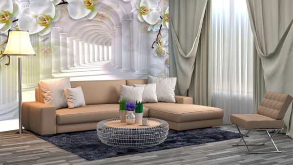 Fotótapéta Fotótapéta Fehér oszlopok és virágok egy folyosón (Cikkszám: u93683)