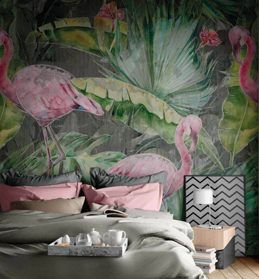 Rózsaszín flamingó és zöld levelek Rózsaszín flamingó és zöld levelek