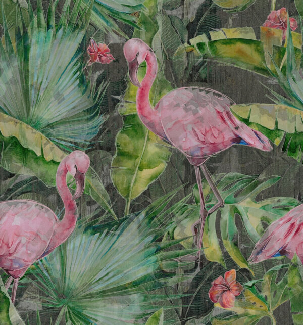 Rózsaszín flamingó és zöld levelek Rózsaszín flamingó és zöld levelek