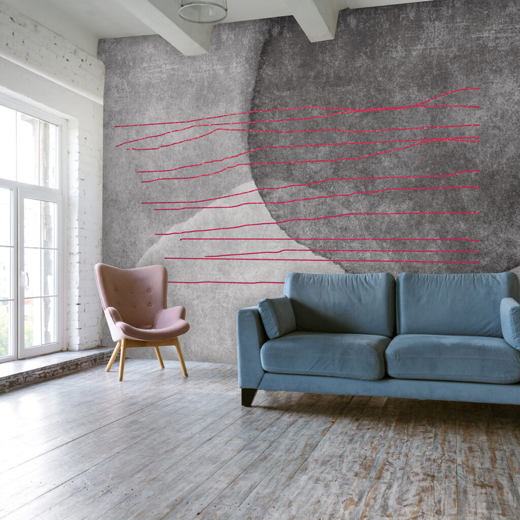 A black and white painting with red lines