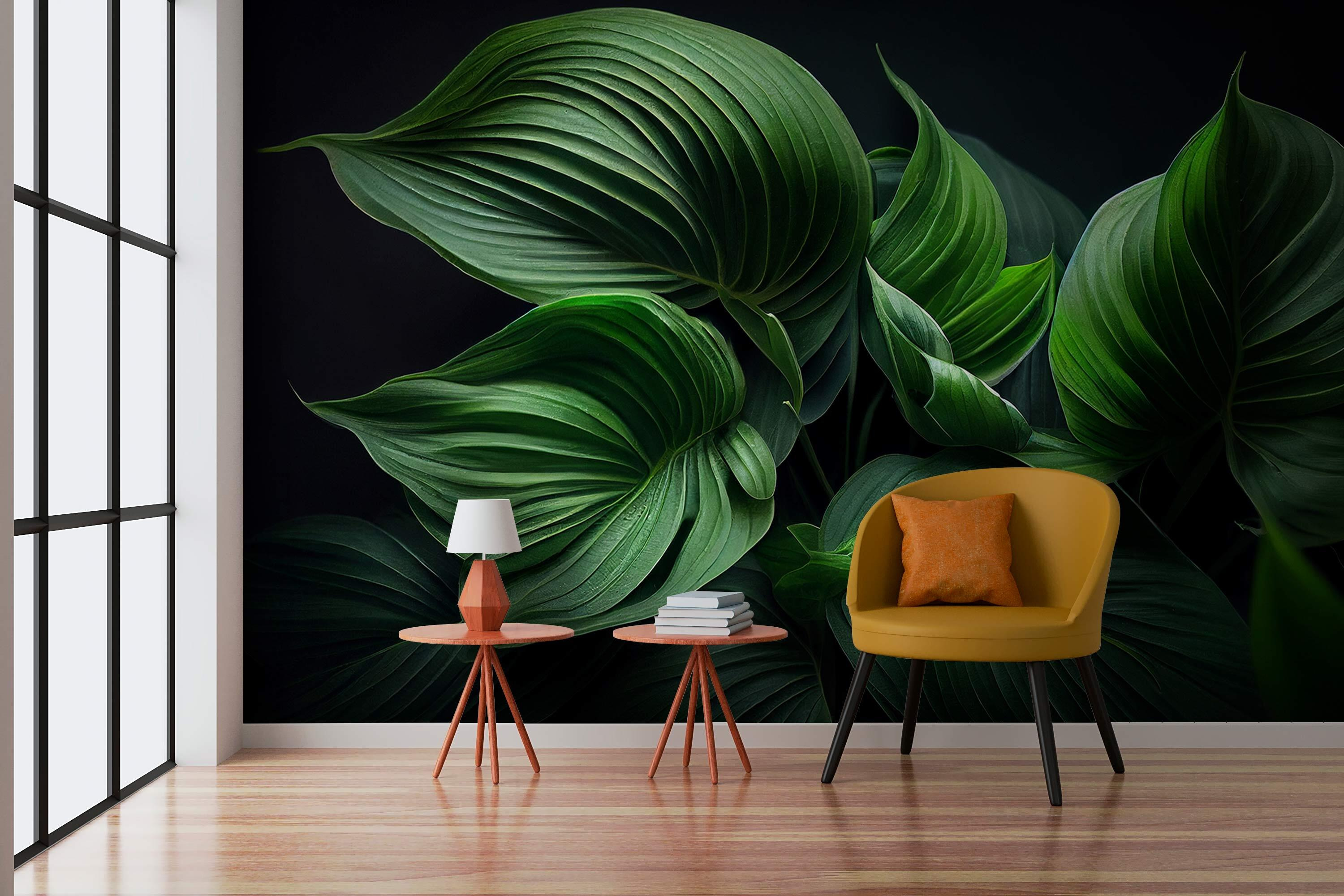 Lush green leaves in serene darkness